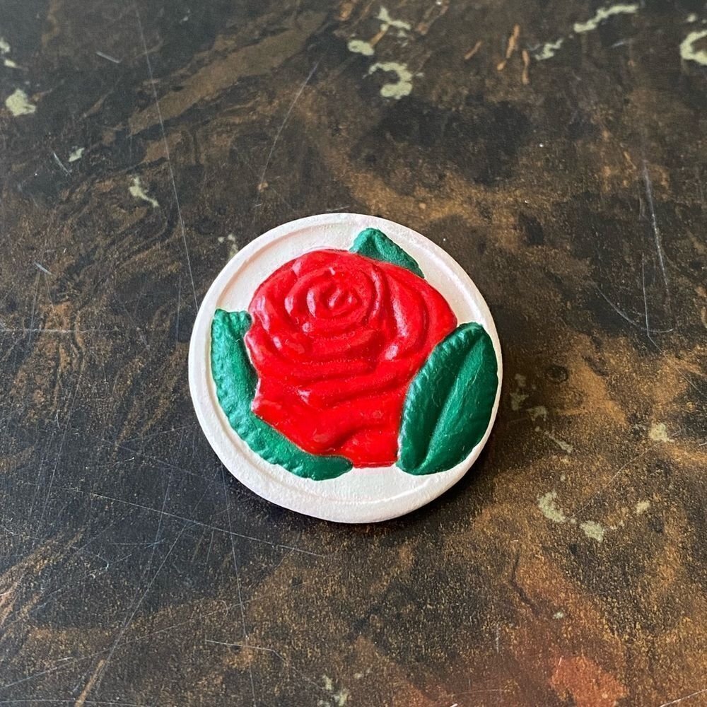 Vintage Clay Token Red Rose Brooch Pin